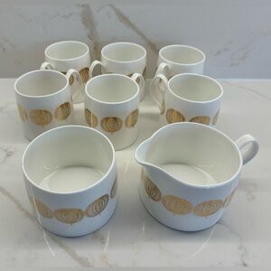 Vintage Gold and White Queen Anne Hebe 6 Coffee Tea Cups with Cream and Sugar